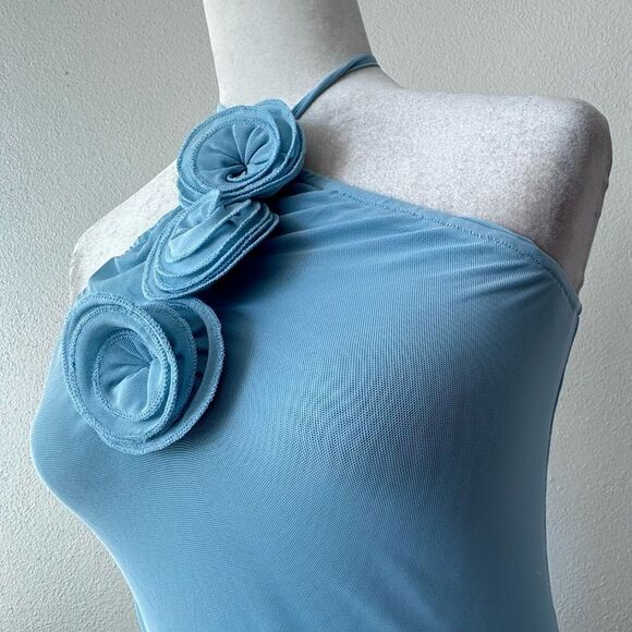 Commense Blue Strapless Dress Bodycon Floral Party Prom SZ L NEW - Picture 5 of 13